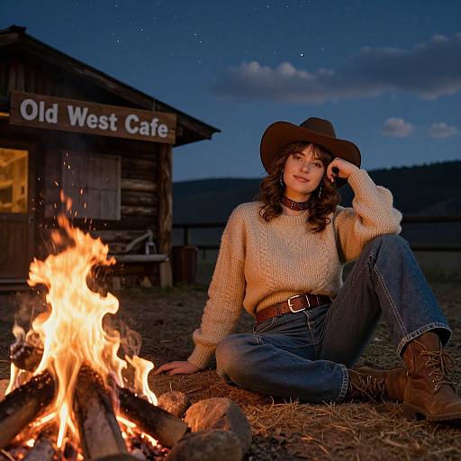 Photograph of a young woman in a brown hat, beige sweater, and blue jeans, sitting by a campfire in front of an Old West Cafe