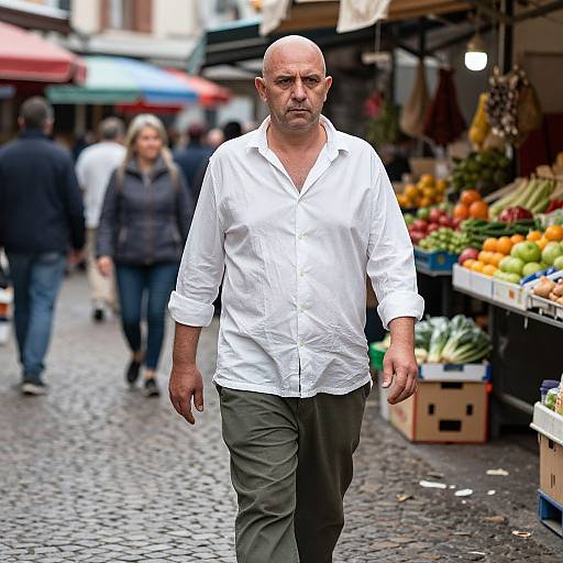 Serious Man Walking Through Market