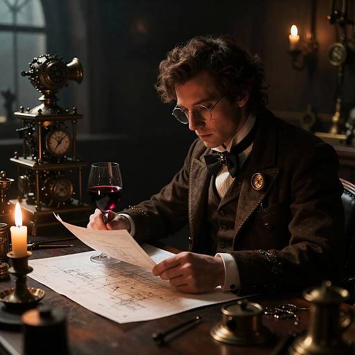 Refined Steampunk Inventor Examining Blueprints