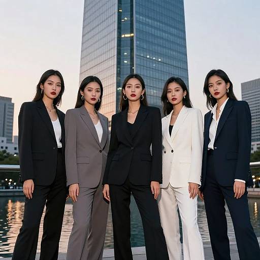 Photograph of five Asian women in formal suits standing in front of a tall glass building at dusk, with reflective water in the foreground. Diverse suit