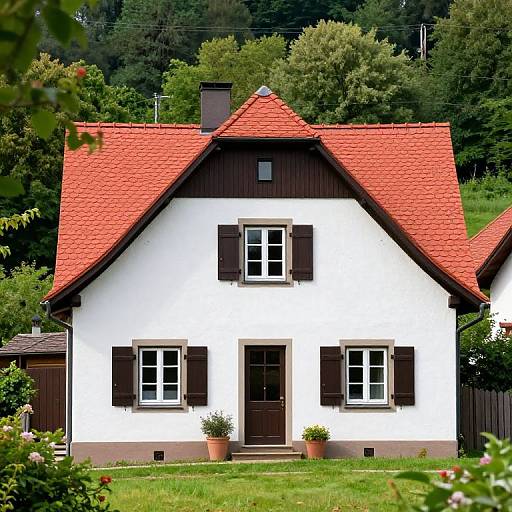 Photograph of a white, two-story house with a red roof, black shutters, and a central door, surrounded by lush greenery.
