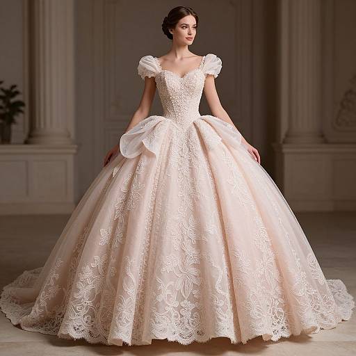 Photograph of a fair-skinned woman in a full, white lace wedding gown with puffed sleeves and a wide skirt, standing in an elegant,