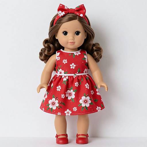 Photograph of a doll with brown curly hair, wearing a red floral dress, red bow, and matching red shoes, against a white background.