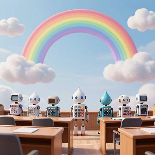 Digital illustration of seven robot students in a classroom under a vibrant rainbow, with fluffy white clouds in a bright blue sky.