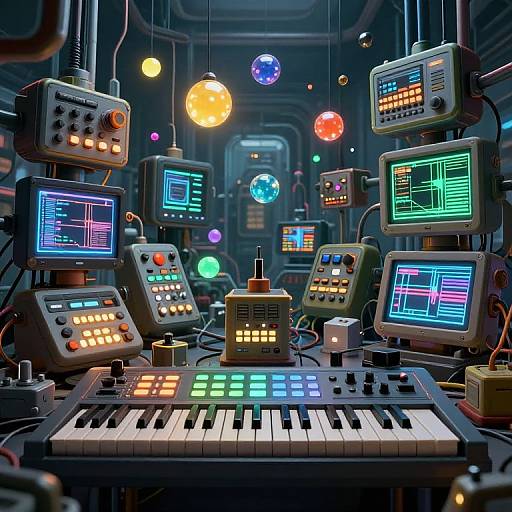 Digital artwork of a futuristic control room with colorful, glowing consoles, a keyboard, and hanging orbs, creating a vibrant, sci-fi ambiance.