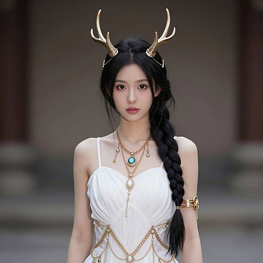 Digital art of an Asian woman with long black hair, antler headpiece, white dress, gold chains, and turquoise pendant, standing in a blurred