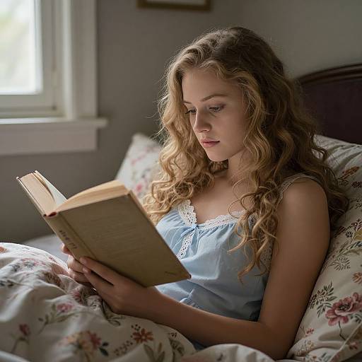 Photograph of a young woman with long, wavy blonde hair, wearing a light blue, lace-trimmed nightgown, reading a book