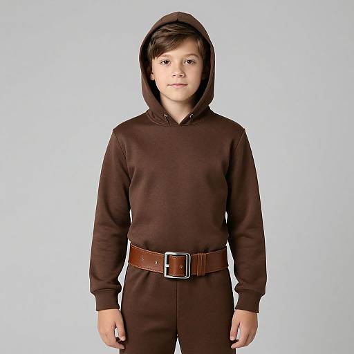 Photograph of a young boy with light skin, brown hair, wearing a brown hooded sweatshirt and matching pants with a brown belt.