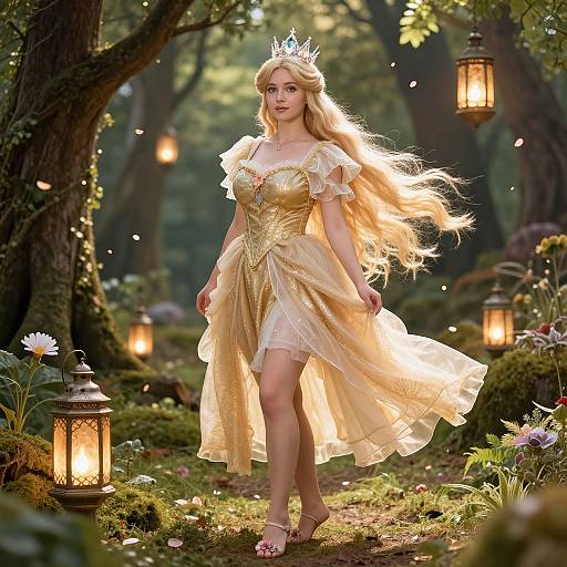 Photorealistic digital artwork of a blonde princess with a golden dress, crown, and lantern-lit forest background, surrounded by glowing lights.