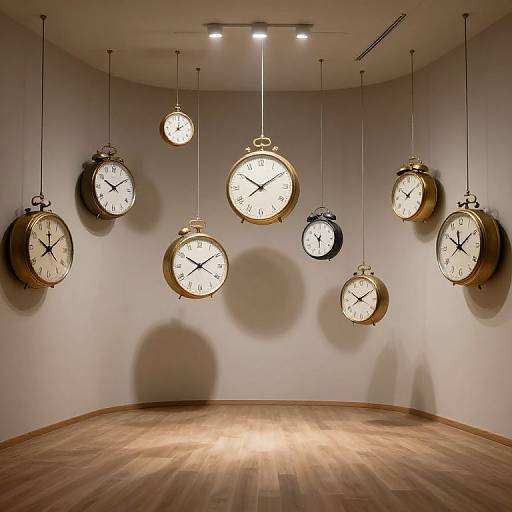 Photograph of a gallery wall with nine vintage pocket watches hanging by strings, casting shadows on a wooden floor.