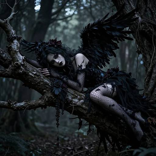Photograph of a dark, gothic woman with black feathered wings and fishnet stockings, reclining on a twisted forest tree, illuminated by moon
