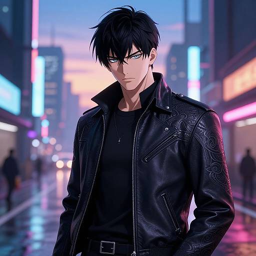 Anime-style digital artwork of a brooding, black-haired man with piercing blue eyes, wearing a detailed black leather jacket, standing in a neon-lit