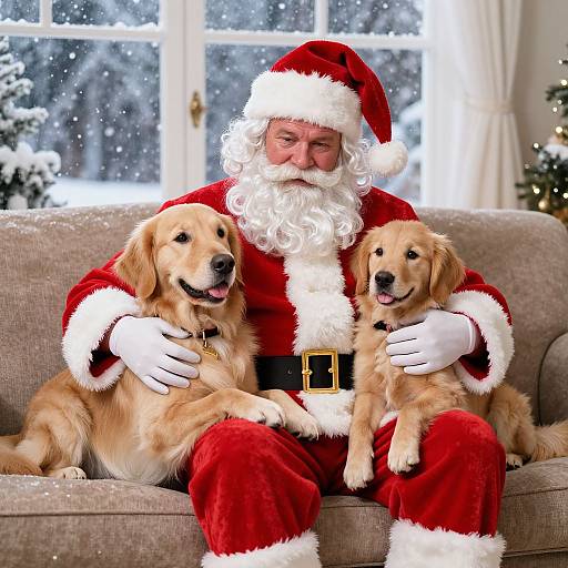 Photograph of Santa Claus with a white beard, red suit, and white gloves, sitting on a gray couch with two golden retrievers, snowing