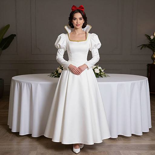Photograph of a woman with fair skin and dark hair, wearing a white, puffed-sleeve, square-neck dress with a red bow,