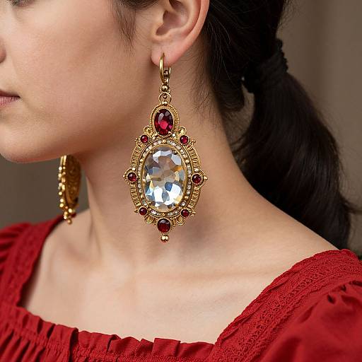 Antique Earrings on Woman in Red Dress