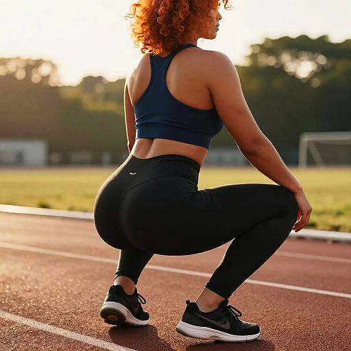 Fit Woman Squatting on Sunlit Track