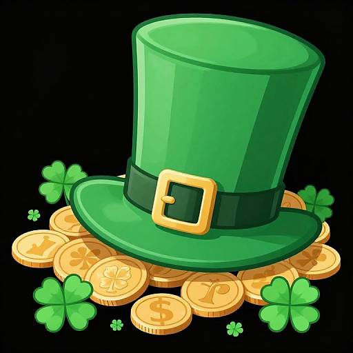 Digital illustration of a vibrant green top hat with a gold buckle, surrounded by scattered gold coins and four-leaf clovers on a black background.