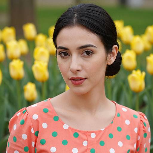 Photograph of a young woman with dark hair in a bun, wearing an orange polka dot dress, standing in a field of yellow tulips.