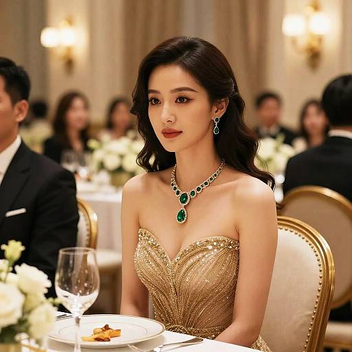 Photograph of an elegant Asian woman with long black hair, wearing a gold, strapless, beaded gown and green gemstone necklace, seated at