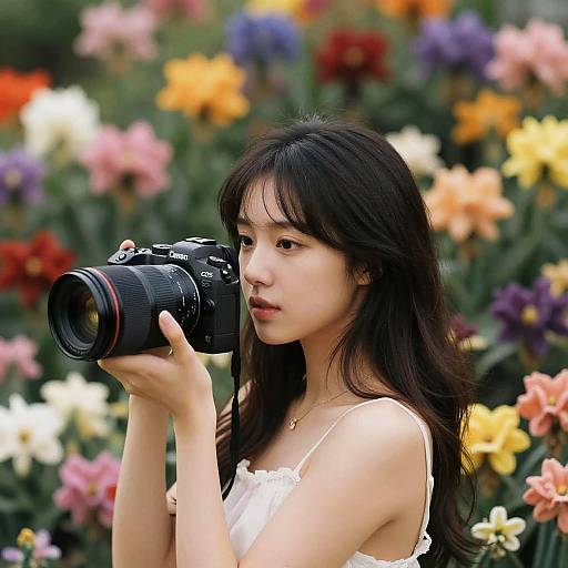 Young Woman Taking Photos in Flower Garden