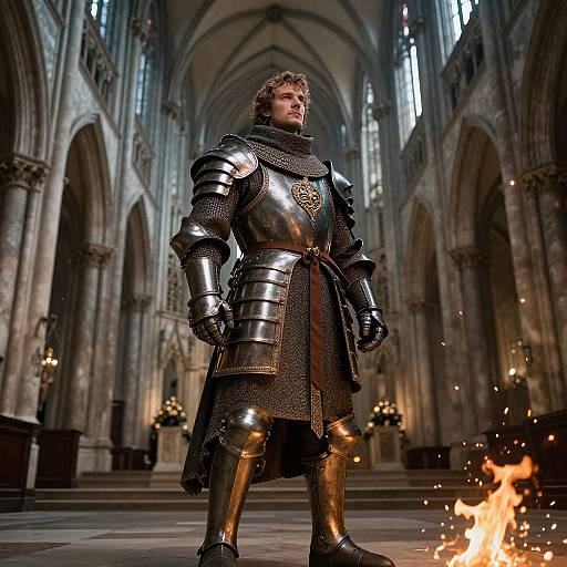 Photorealistic CGI of a muscular, armored knight with curly brown hair standing confidently in a grand Gothic cathedral, flames at his feet.