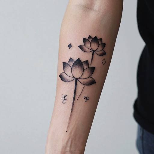 Photograph of a tattooed forearm with three black, gradient lotus flowers and small diamond shapes, accompanied by Japanese characters. Background is plain white.