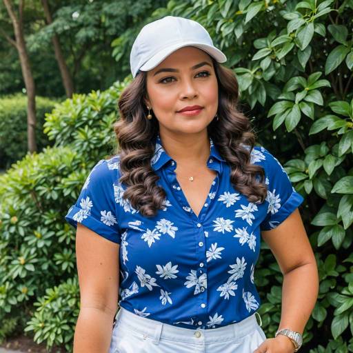 Young Woman in Blue Floral Golf Outfit