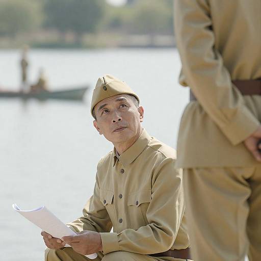 Elderly Soldier Looking Up by Lake