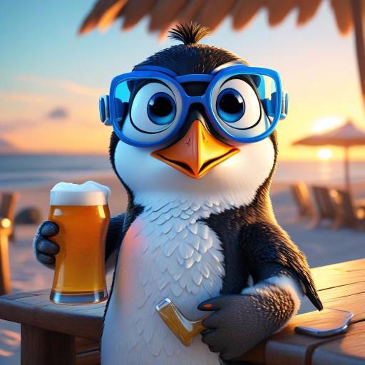 Playful 3D Penguin on Sunset Beach