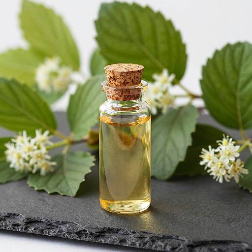 Glass Bottle with Golden Liquid and Foliage