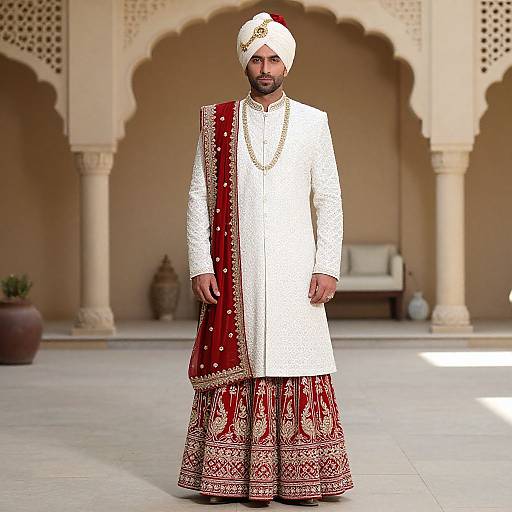 Photograph of a bearded South Asian man in traditional white sherwani, red embroidered kurta, white turban, gold necklace, standing in