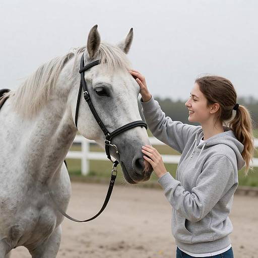 Smiling Young Woman Patting Gray Horse
