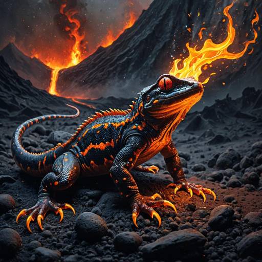 Fantasy Salamander Breathing Fire in Volcanic Landscape