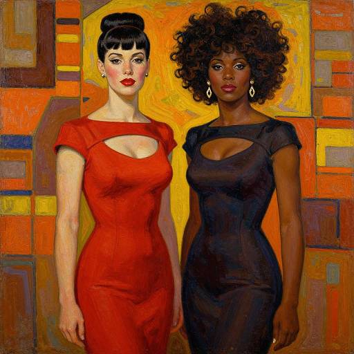 Oil painting of a white woman in a red dress and a Black woman in a black dress, standing against a vibrant, geometric, orange and yellow background