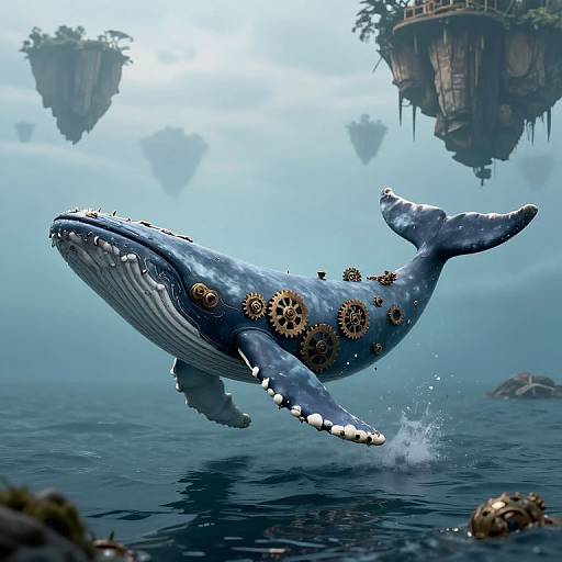 Fantastical CGI of a blue whale with gears integrated into its body, swimming in a mystical ocean with floating islands.