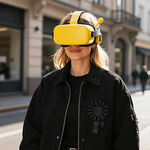 Realistic Woman in Yellow VR Mask