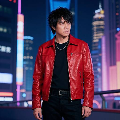 Neon-Lit Asian Man in Red Jacket