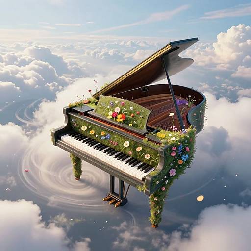 Digital artwork of a grand piano adorned with flowers and greenery, floating in a cloudy, sky-like background with ripples.