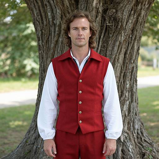 Photograph of a man with wavy brown hair, wearing a red vest and white shirt, standing in front of a large tree in a sunlit