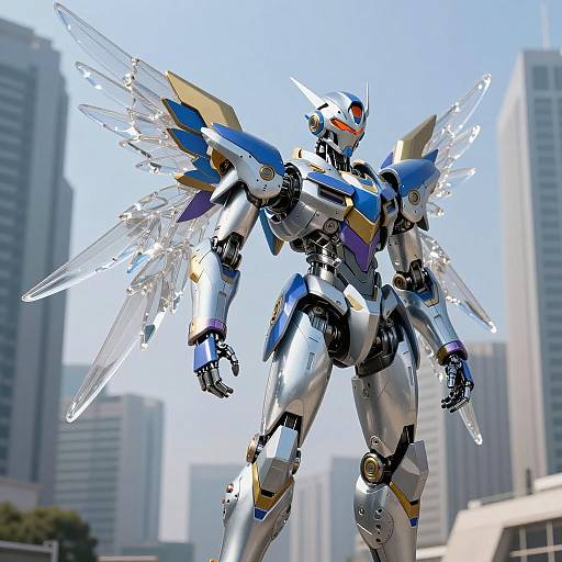 Futuristic Humanoid Robot with Crystal Wings