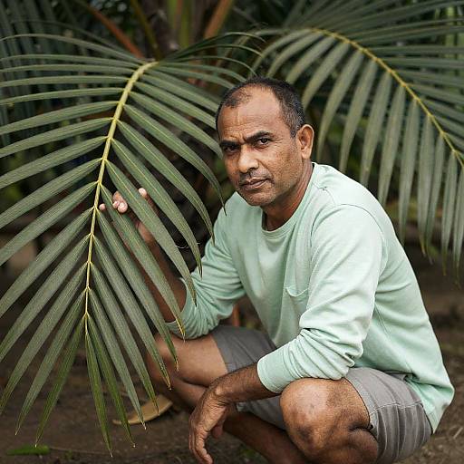 Candid Portrait Among Lush Palm Leaves