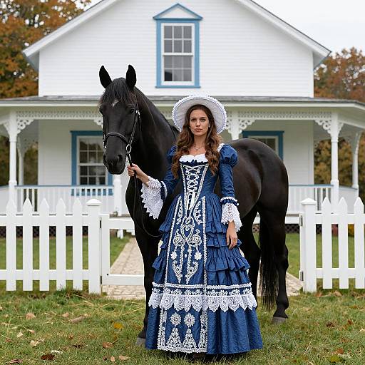 Photograph of a woman in a blue Victorian-style dress with white lace, standing beside a black horse in front of a white Victorian house with a white