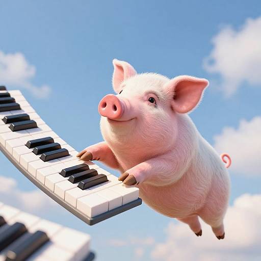 CGI image of a pink pig with large ears and curly tail joyfully playing a floating piano against a blue sky with fluffy clouds.