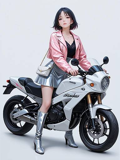 Digital art of an Asian woman with short black hair, pink jacket, black top, silver skirt, and boots, seated on a white Suzuki motorcycle.