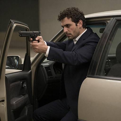 Intense Man Aiming Pistol by Car