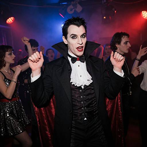 Photograph of a pale-skinned male vampire with black hair, red lipstick, black tuxedo, and red cape, fists raised, surrounded by
