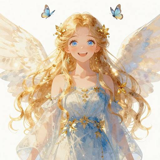 Digital anime-style drawing of a blonde, blue-eyed angelic girl with golden butterfly hair accessories, wearing a blue, star-adorned dress, and