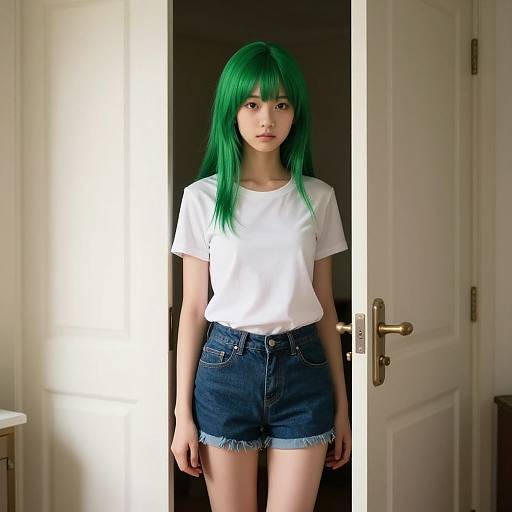 Photograph of a young woman with green hair, white t-shirt, and blue denim shorts, standing in a doorway, soft natural light.
