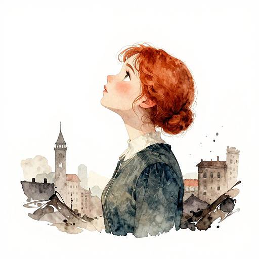 Digital watercolor portrait of a red-haired woman in profile, looking upwards, with a cityscape of buildings and a church tower in the background.