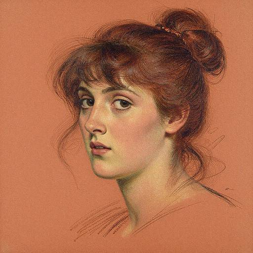 Digital illustration of a young woman with fair skin and red hair in a bun, looking to the side, against a peach background. Realistic, detailed